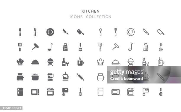 flat & outline kitchen icons - chef frying stock illustrations