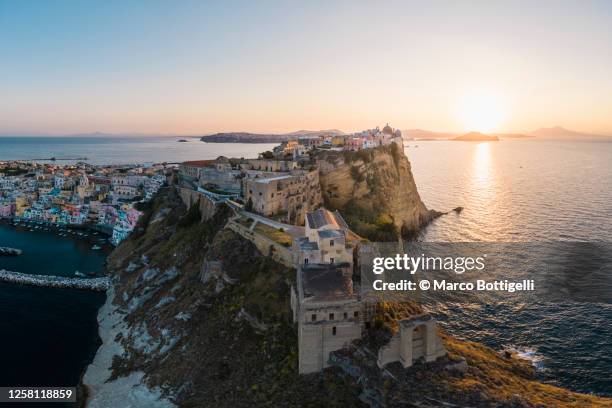 procida, gulf of naples, italy. aerial view at sunrise. - bay foto e immagini stock