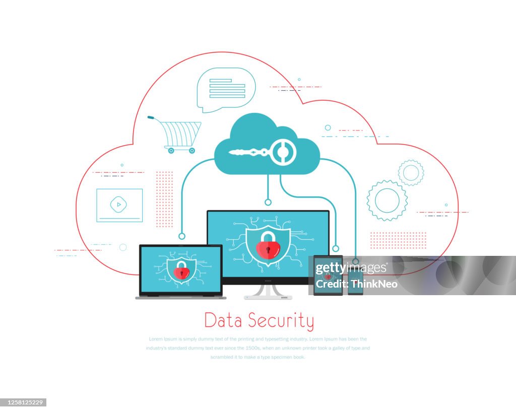 Cloud computing protect technology. Protect all devices application. stock illustration