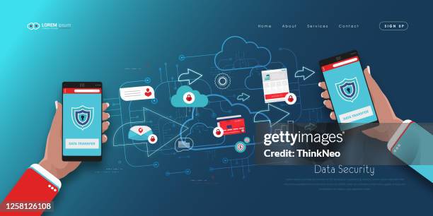 mobile security, data protection concept. hand holding smartphone, shield lock icon. modern flat design graphic elements, thin line icons set. vector illustration stock illustration - data protection stock illustrations