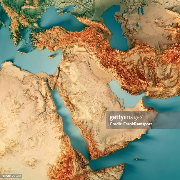 midden-oosten 3d render topografische kaartkleur - perzische golfstaten stockfoto's en -beelden