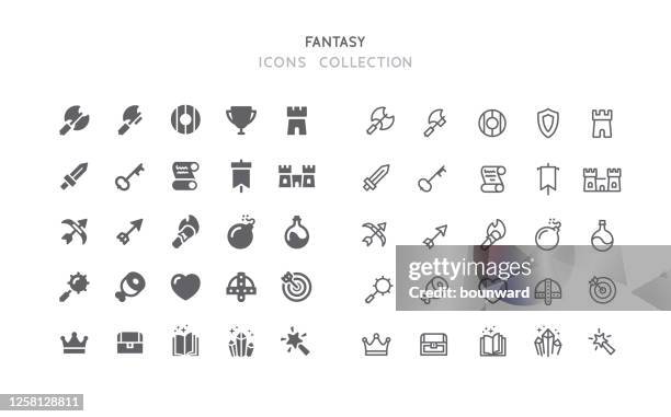 flat & outline fantasy rpg icons - märchenschloss stock-grafiken, -clipart, -cartoons und -symbole