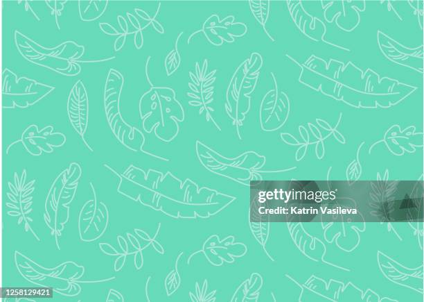 summer jungle rainforest doodle seamless pattern icons white leafs on dark mint green background - mint green background stock illustrations