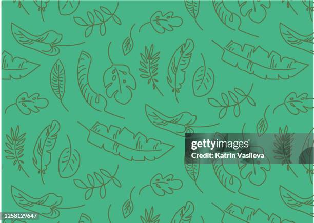 summer jungle rainforest doodle seamless pattern icons green leafs on green background - philodendron stock illustrations