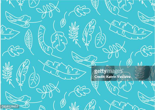 summer jungle rainforest doodle seamless pattern icons white leafs on blue  background - philodendron stock illustrations