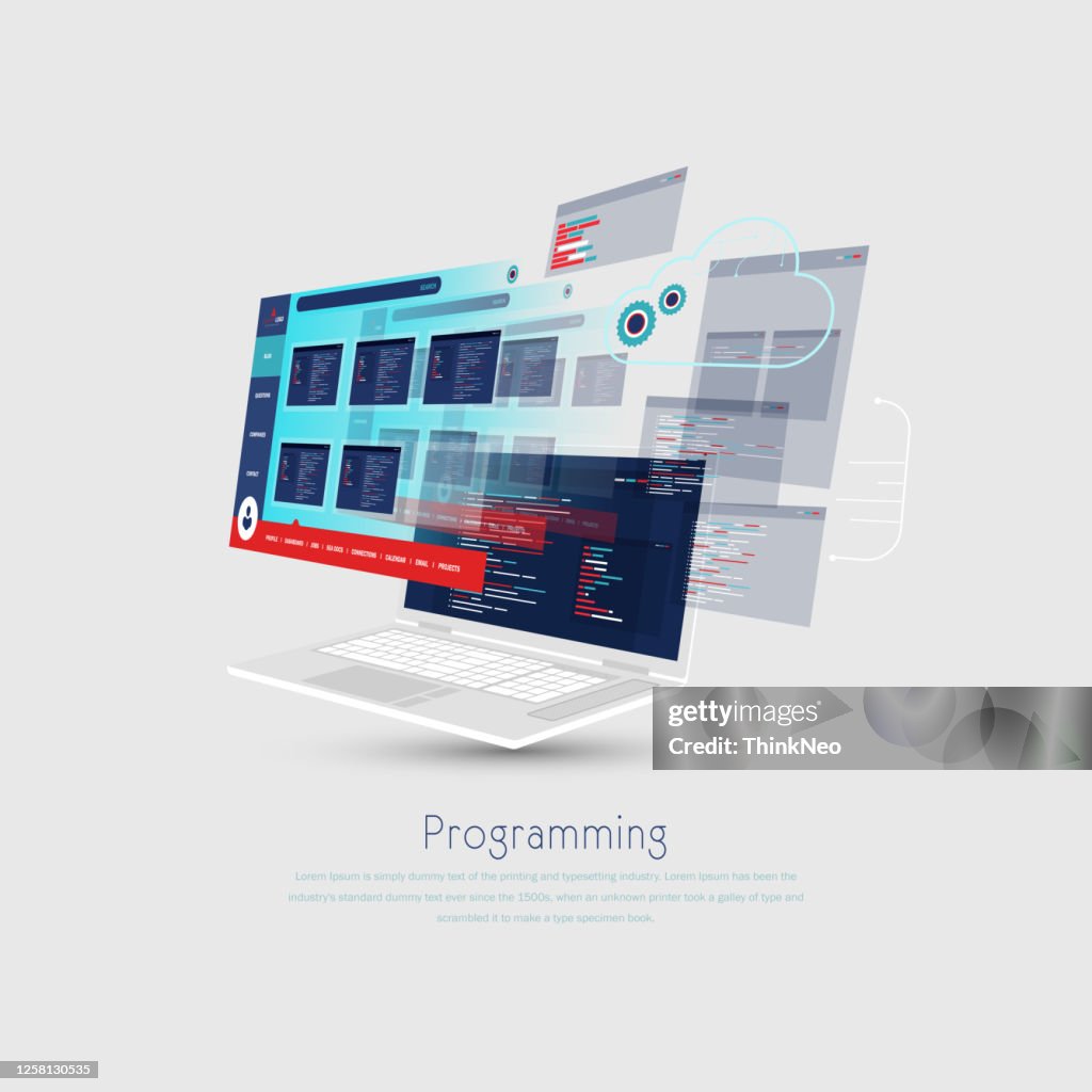Website, App-Design-Entwicklung. Technologie-Software, Code. Programmierung, ui, ux Konzept. Bestandsabbildung
