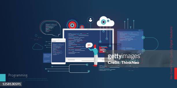 web development flat design illustration, creative banner with laptop and computer screen showing app coding and programming. - développement stock illustrations