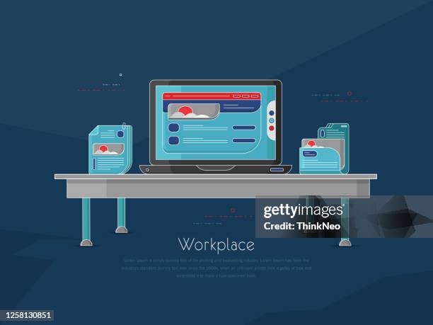 comfortable working place at home with computer and elements stock illustration - graphic design process stock illustrations