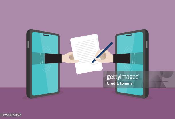 businessman signs a contract document by wireless technology - contract stock illustrations