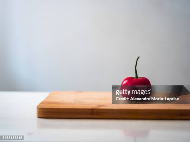 a pepper on a cutting board with a white background - planche à découper bois photos et images de collection
