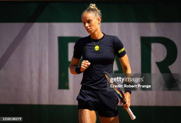 Arantxa Rus of the Netherlands in action against Moyuka Uchijima of Japan in the final qualifications round ahead of Roland Garros on May 26, 2023 in...