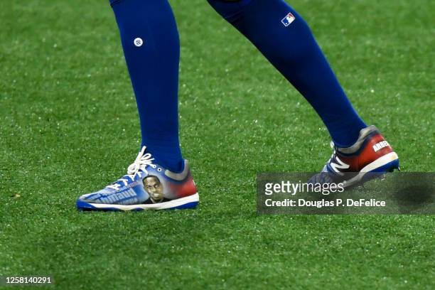 Detailed view of the custom cleats of Anthony Alford of the Toronto Blue Jays on Opening Day at Tropicana Field on July 24, 2020 in St Petersburg,...