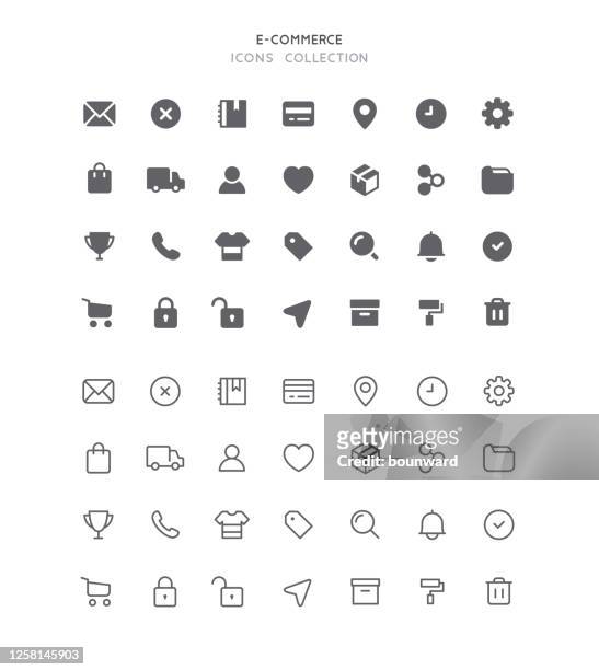 flat & outline e-commerce user interface icons - selling online stock illustrations