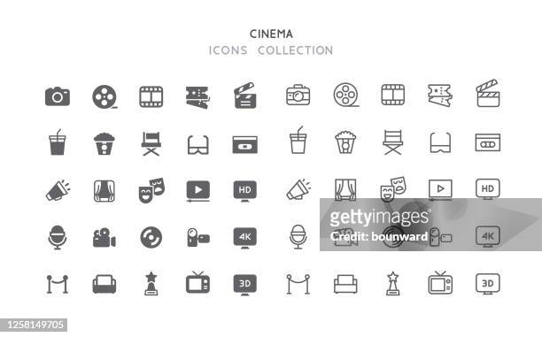 illustrazioni stock, clip art, cartoni animati e icone di tendenza di icone del cinema flat & outline - film