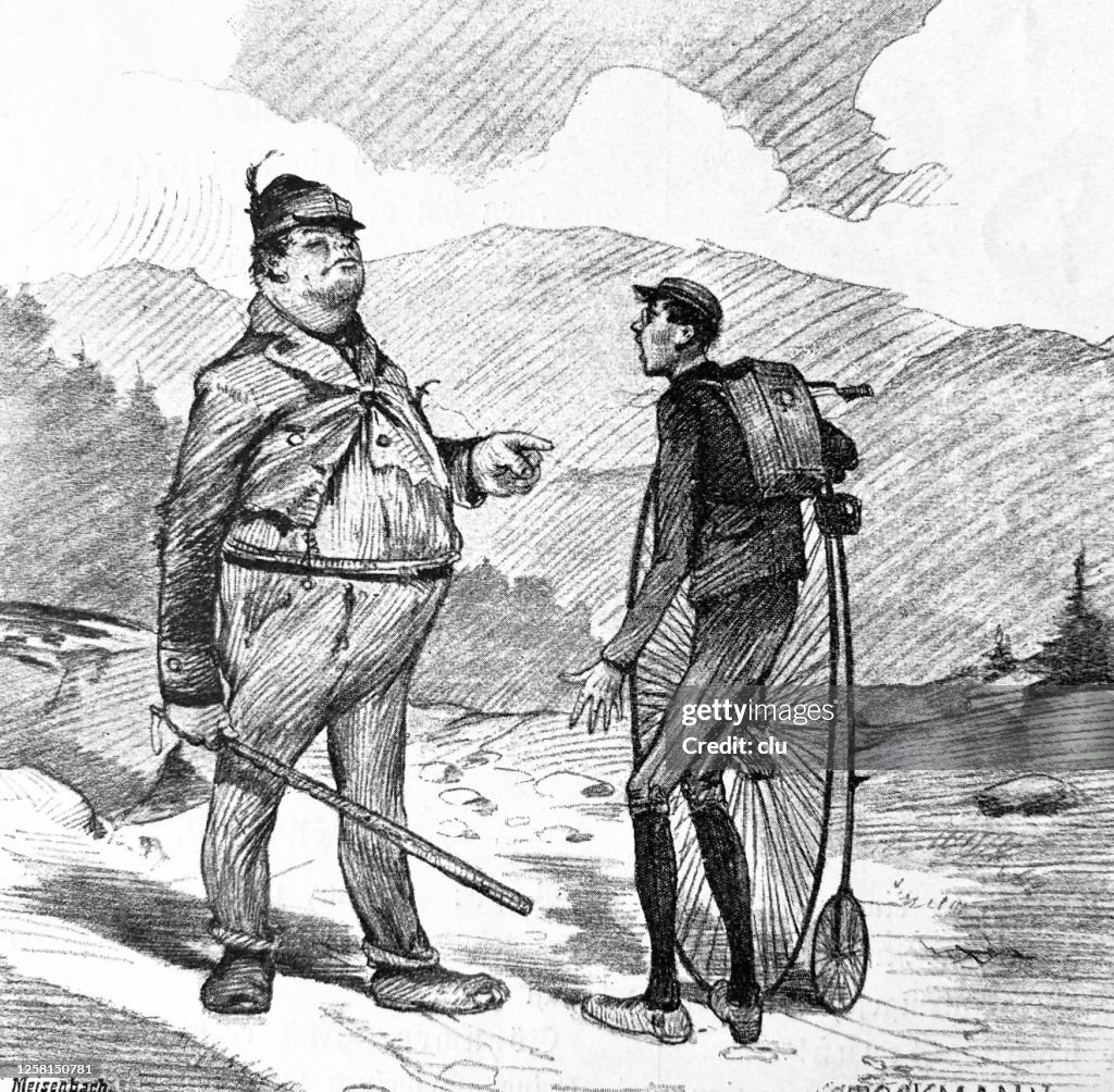 A fat street thief asks a penny farthing bicyclist for a mild gift