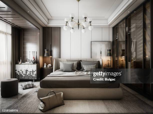 modern style bedroom - beige bedroom stock pictures, royalty-free photos & images