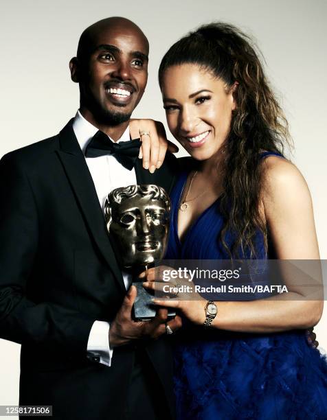 Elite athlete Mo Farah and Tania Farah are photographed at BAFTA's television awards with P&O Cruises on May 14, 2023 in London, England.
