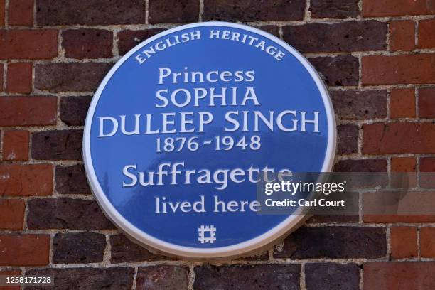 New blue plaque is pictured after its unveiling at a house once inhabited by Princess Sophia Duleep Singh on May 26, 2023 in London, England....