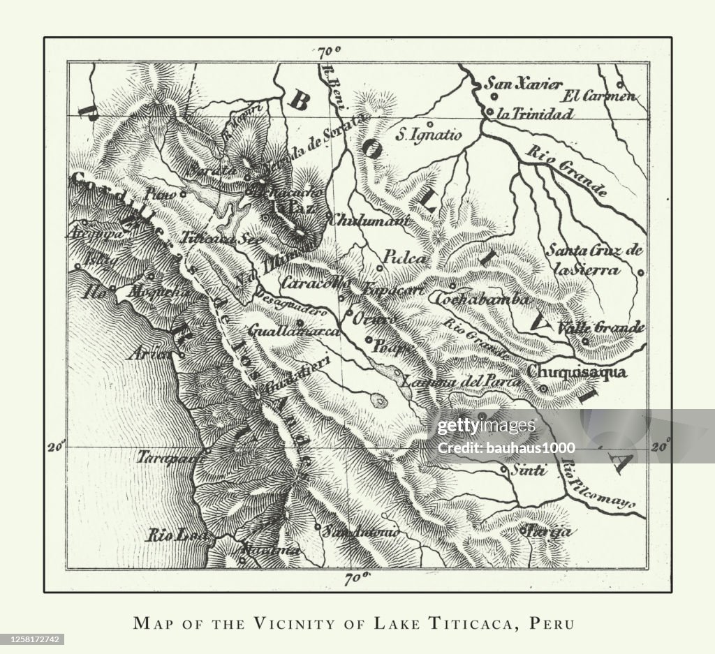 Vintage, Map of the Vicinity of Lake Titicaca, Peru, Volcanoes and Volcanic Formations Engraving Antique Illustration, Published 1851