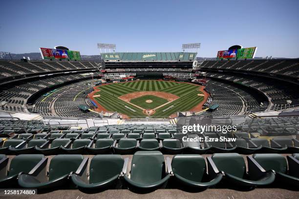 General view of the Oakland Athletics playing against the Los Angeles Angels in an empty stadium at Oakland-Alameda County Coliseum on July 25, 2020...