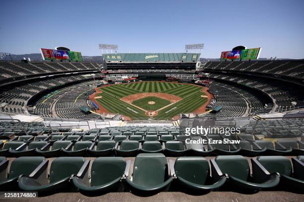 General view of the Oakland Athletics playing against the Los Angeles Angels in an empty stadium at Oakland-Alameda County Coliseum on July 25, 2020...