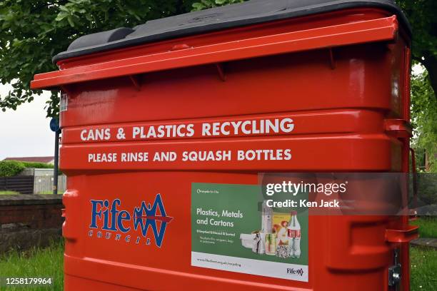 Plastic bottle recycling bin at a household waste recycling point, on May 26, 2023 in Dalgety Bay, Scotland. The scheme, which would result in a 20p...