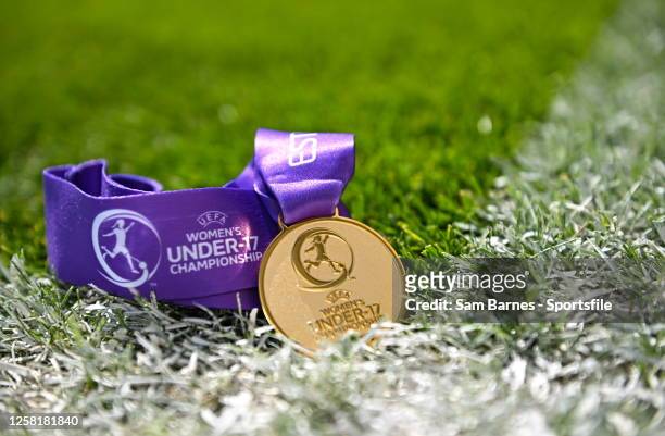 Detailed view of the winners medal before the UEFA Women's European Under-17 Championship 2023 Final between Spain and France at Lillekula Stadium on...
