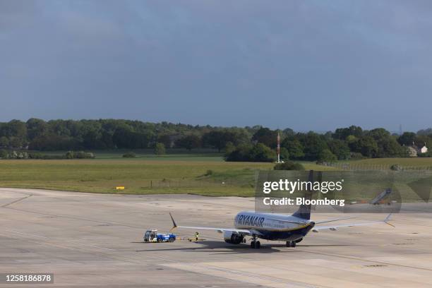 Passenger aircraft, operated by Ryanair Holdings Plc, on the tarmac at London Stansted Airport, operated by Manchester Airport Plc, in Stansted, UK,...