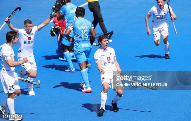 Belgium's Thibeau Stockbroekx celebrates after scoring during a game between Belgium's Red Lions and India, the first match in the group stage of the...