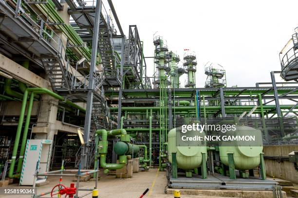 Picture taken on May 25, 2023 shows a view of Neste's bio-diesel refinery in the Maasvlakte area in Rotterdam port. Neste has made the final...