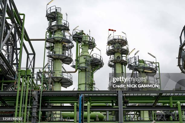 Picture taken on May 25, 2023 shows a view of Neste's bio-diesel refinery in the Maasvlakte area in Rotterdam port. Neste has made the final...