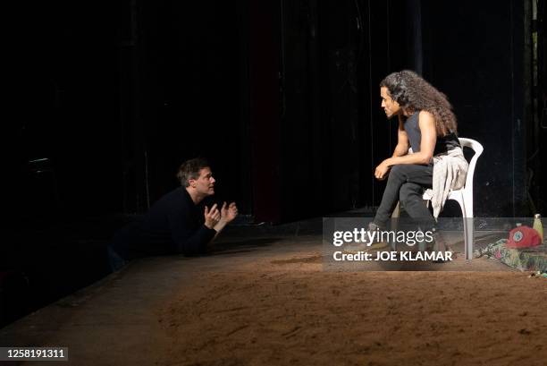 Director Milo Rau speaks to Brazilian actor Frederico Araujo during the rehearsal of his latest project "Antigone in the Amazon" ,an updated version...