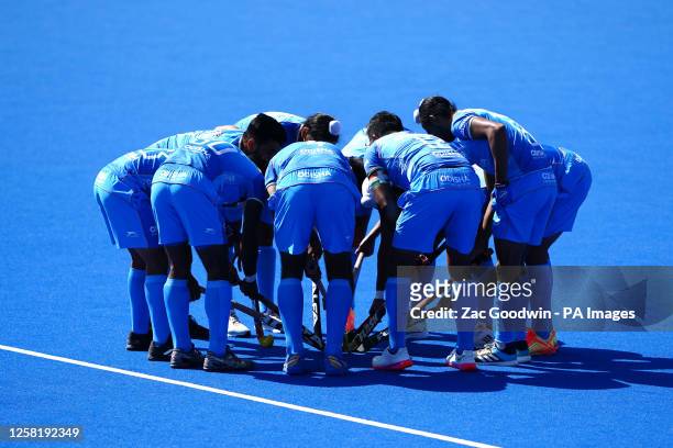 India form a huddle during the FIH Hockey Pro League men's match at Lee Valley, London. Picture date: Friday May 26, 2023.