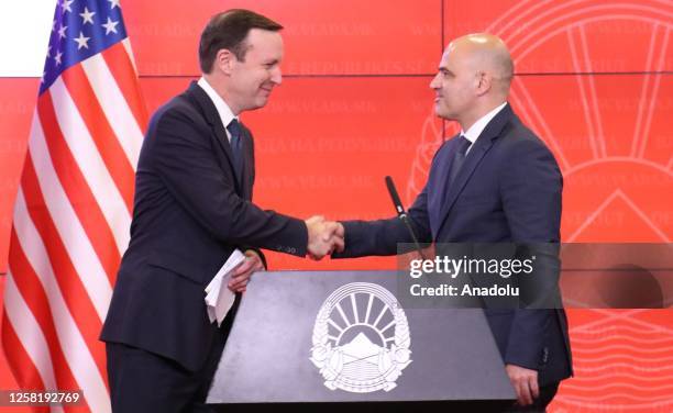 North Macedonian Prime Minister Dimitar Kovacevski and the US Senators Chris Murphy hold a joint press conference in Skopje, Macedonia on May 26,...