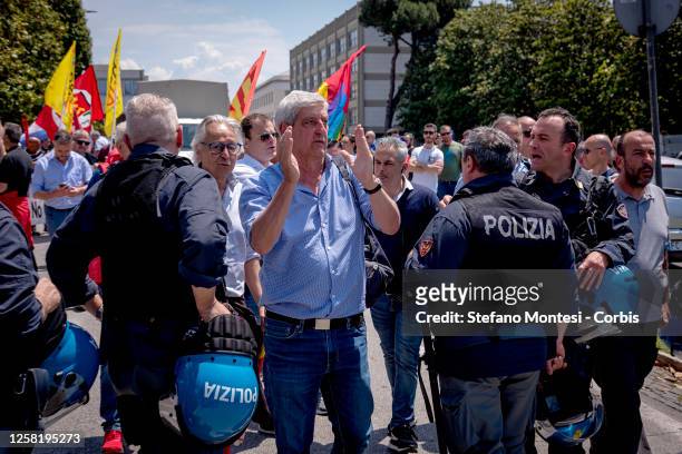Head of the European Office of the World Trade Union Federation and USB union leader Pierpaolo Leonardi during the demonstration organized by USB -...