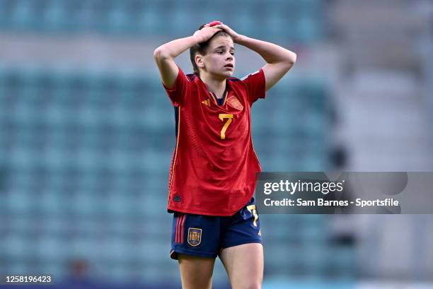 Noa Ortega of Spain reacts during the UEFA Women's European Under-17 Championship 2023 Final between Spain and France at Lillekula Stadium on May 26,...