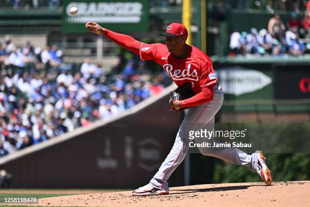 Hunter Greene of the Cincinnati Reds pitches in the first inning against the Chicago Cubs at Wrigley Field on May 26, 2023 in Chicago, Illinois.