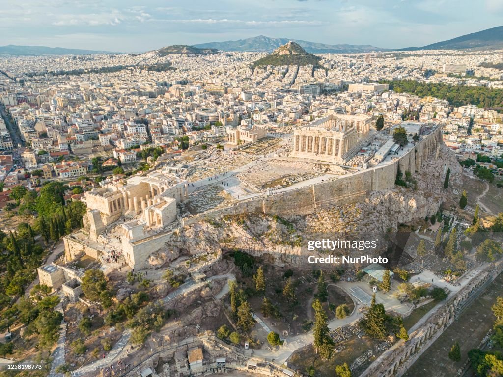 Acropolis Inside Aerial panoramic view from a drone of the Acropolis of Athens, a ...