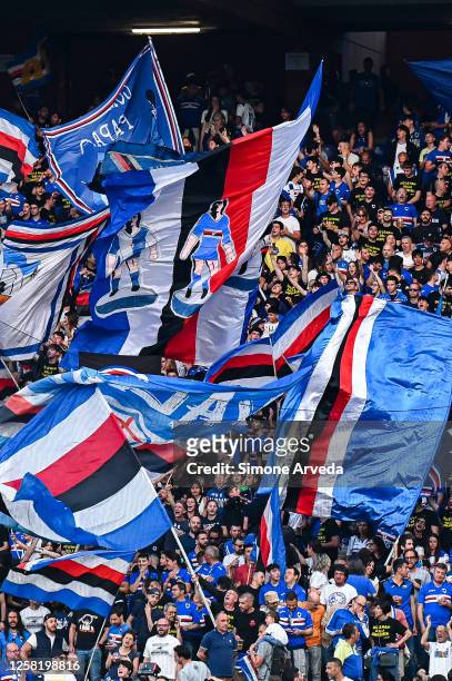 Fans of Sampdoria wave their flags prior to kick-off in the Serie A match between UC Sampdoria and US Sassuolo at Stadio Luigi Ferraris on May 26,...