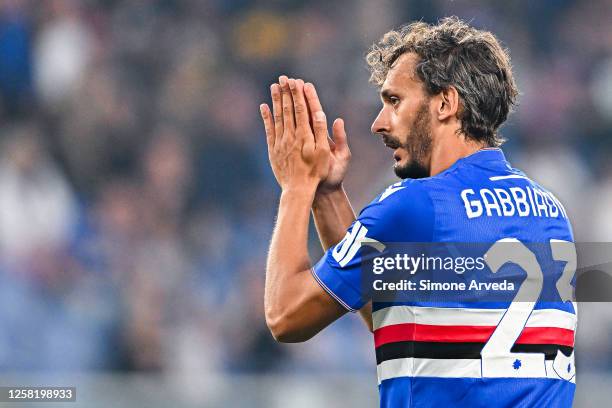 Manolo Gabbiadini of Sampdoria celebrates after scoring a goal during the Serie A match between UC Sampdoria and US Sassuolo at Stadio Luigi Ferraris...