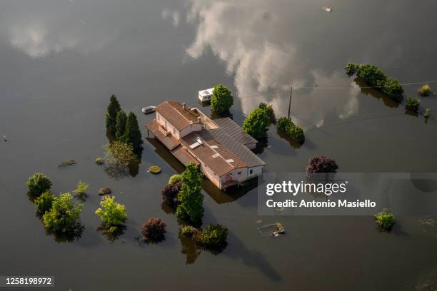 In this aerial picture, a general view shows the flooded area caused by heavy rains across Italy's northern Emilia Romagna region during a...