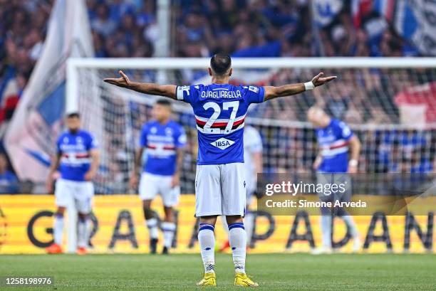 Fabio Quagliarella of Sampdoria reacts with disappointment after Domenico Berardi of Sassuolo has scored a goal during the Serie A match between UC...