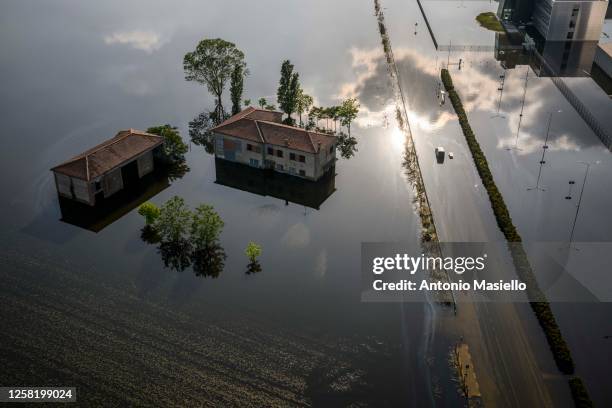 In this aerial picture, a general view shows the flooded area caused by heavy rains across Italy's northern Emilia Romagna region during a...
