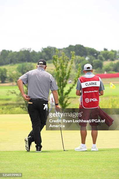 Darren Clarke and his caddie on the 16th hole during the second round of the KitchenAid Senior PGA Championship at Fields Ranch East on Friday, May...