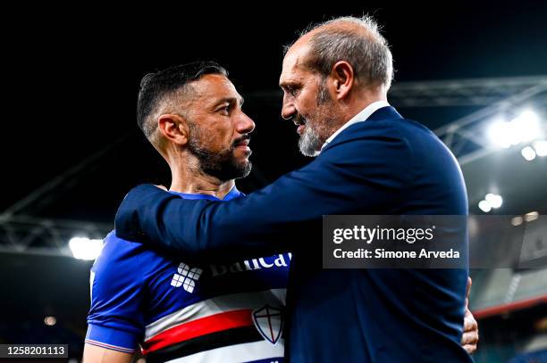 Marco Lanna chairman of Sampdoria hugs Fabio Quagliarella of Sampdoria after the Serie A match between UC Sampdoria and US Sassuolo at Stadio Luigi...