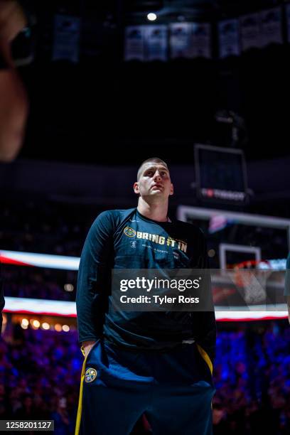 Nikola Jokic of the Denver Nuggets stands for the National Anthem before the game against the Los Angeles Lakers during Game 2 of the Western...