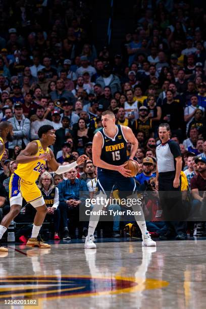 Nikola Jokic of the Denver Nuggets handles the ball during the game against the Los Angeles Lakers during Game 2 of the Western Conference Finals...