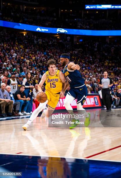 Austin Reaves of the Los Angeles Lakers dribbles the ball during the game against the Denver Nuggets during Game 2 of the Western Conference Finals...