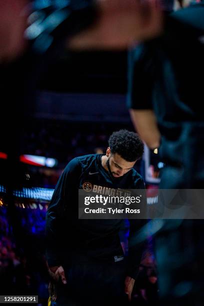 Jamal Murray of the Denver Nuggets stands for the National Anthem before the game against the Los Angeles Lakers during Game 2 of the Western...