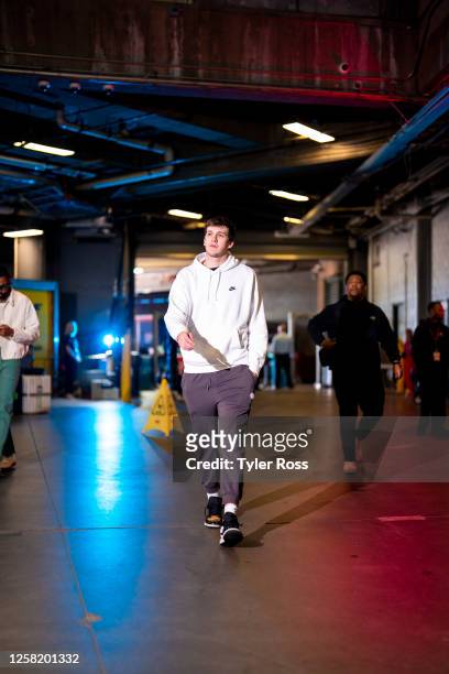 Austin Reaves of the Los Angeles Lakers arrives to the arena before the game against the Denver Nuggets during Game 2 of the Western Conference...